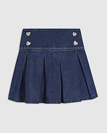 Girls Blue Denim Heart Pleated Skirt