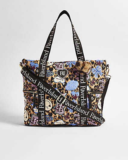 Girls Brown Leopard Print Shopper Bag