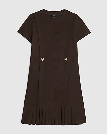 Girls Brown Pleated Hem Dress