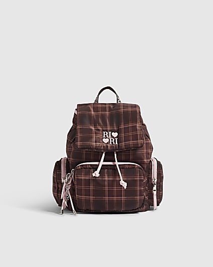 Girls Brown Check Backpack With Charms