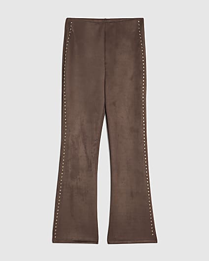 Girls Brown Faux Suede Stud Flare Trousers