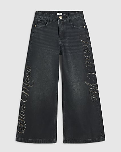 Girls Black Iconic Side Wide Leg Jeans