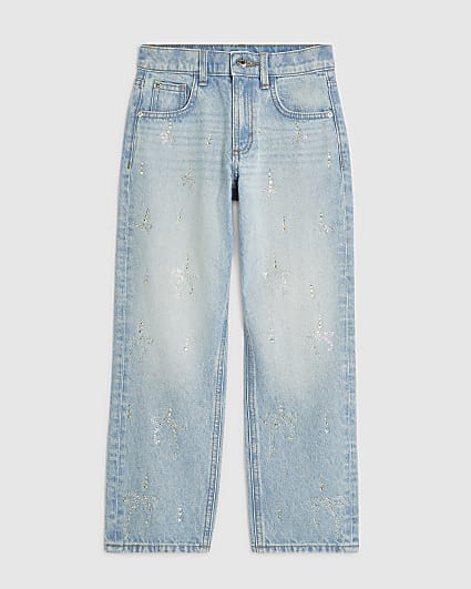 Girls Blue Mid Rise Droplet Straight Jeans