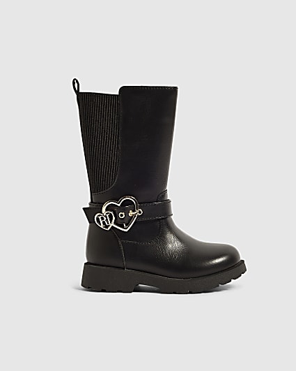 Mini Girls Black Knee High Heart Boots