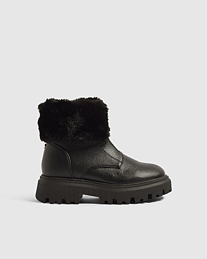 Girls Black Fur Cuff Zip Front Boots
