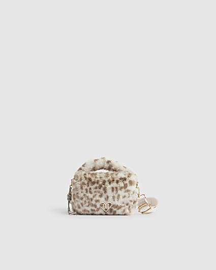 Girls Cream Leopard Faux Fur Crossbody Bag