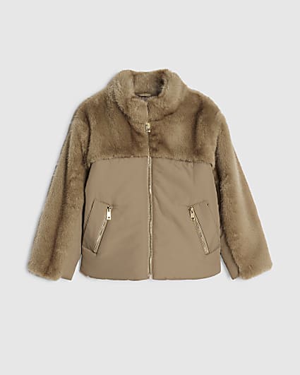 Girls Brown Faux Fur Panel Padded Coat