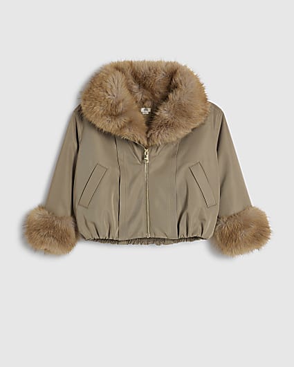 Girls Khaki Faux Fur Collar Bomber Jacket