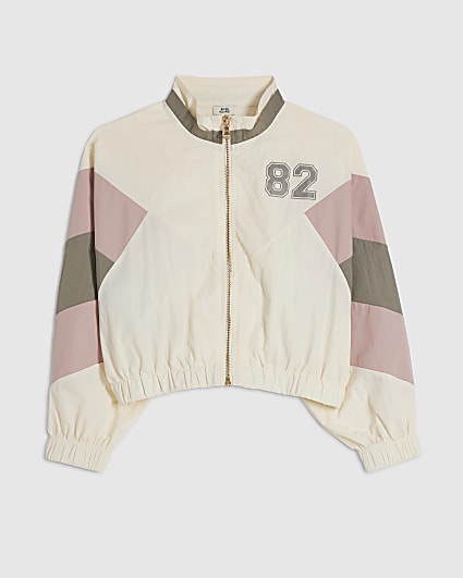 Girls Cream Colour Block Funnel Bomber Jacket