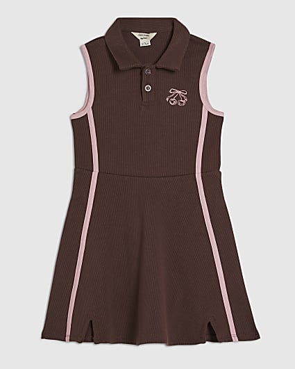 Mini Girls Brown Ribbed Polo Dress