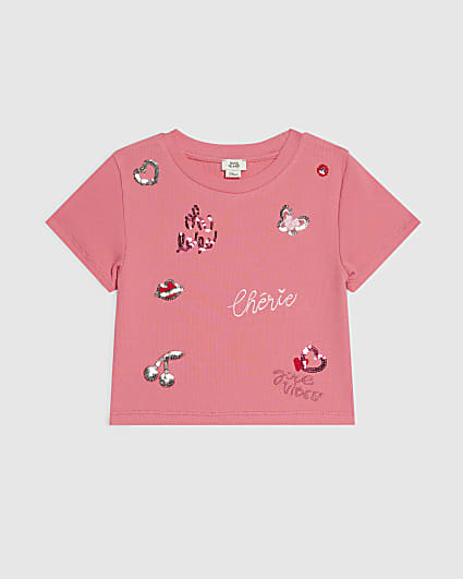 Girls Pink Sequin Embroidered T-Shirt