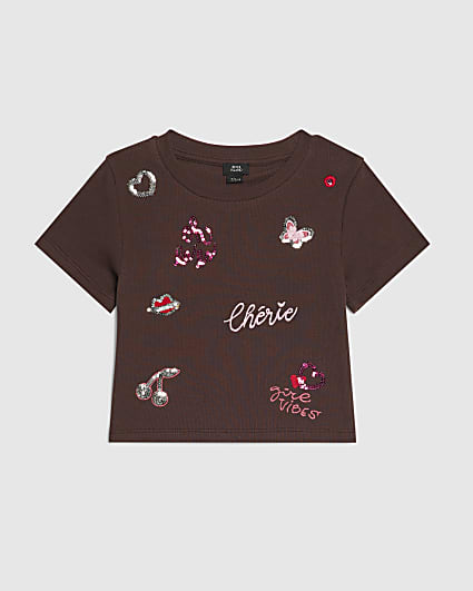 Girls Brown Sequin Embroidered T-Shirt