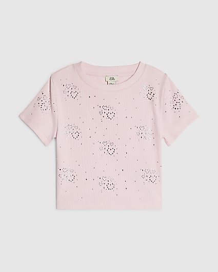 Girls Pink Diamante Heart T-Shirt