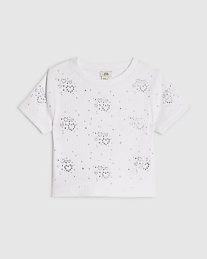 Girls White Diamante Heart T-Shirt