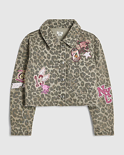 Girls Beige Leopard Print Badged Denim Jacket