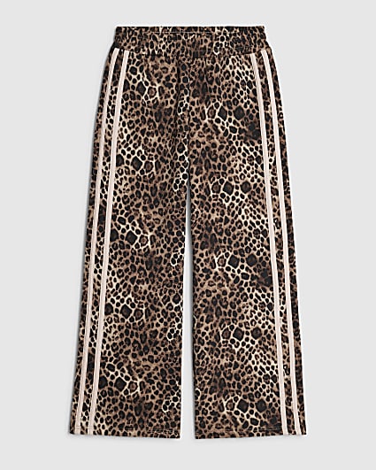 Girls Brown Leopard Wide Leg Joggers