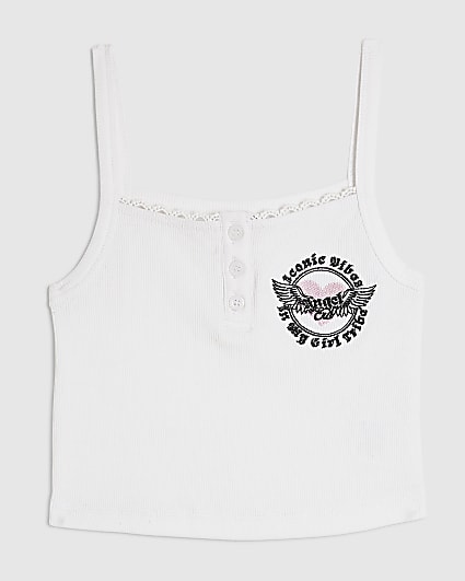 Girls White Lace Button Up Tank Top