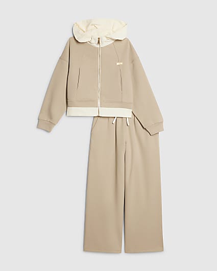 Girls Beige Hybrid Tracksuit Set