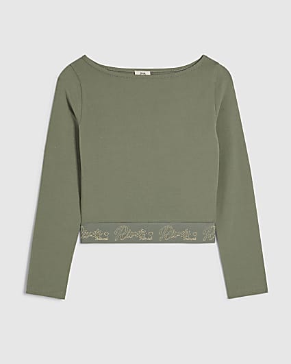 Girls Khaki Boatneck RI Waistband Top