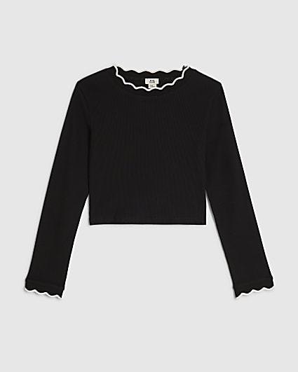 Girls Black Scallop Long Sleeve Top