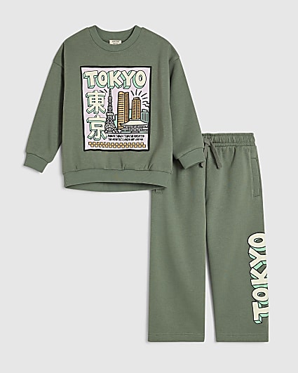 Mini Girls Khaki Tokyo Cartoon Sweatshirt Set