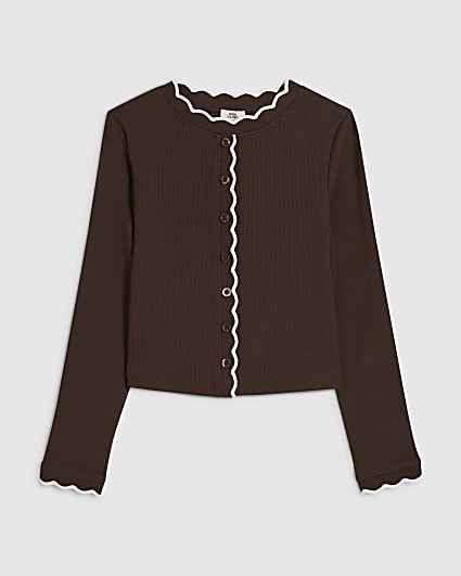 Girls Brown Scallop Button Up Top