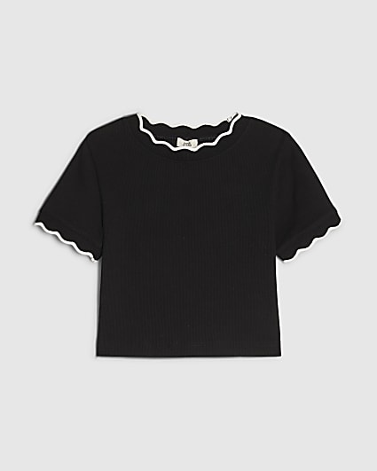 Girls Black Scallop Edge T-Shirt