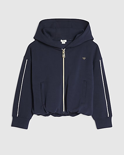 Girls Navy Premium Bubble Hem Zip Up Hoodie