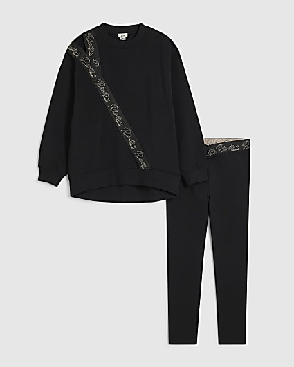 Girls Black Front Split Sweatshirt Set