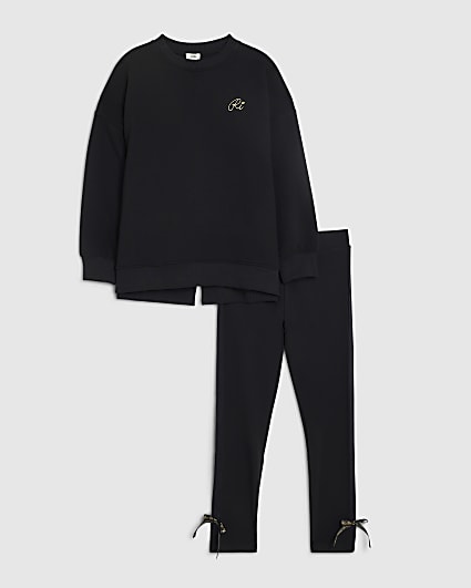 Girls Black Bow Back Sweatshirt Set