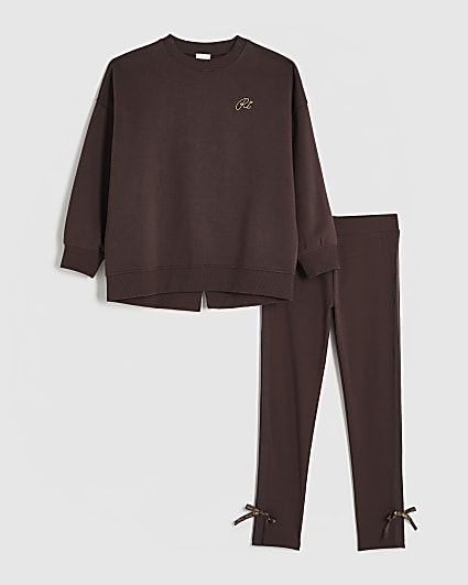 Girls Brown Bow Back Detail Sweatshirt Set