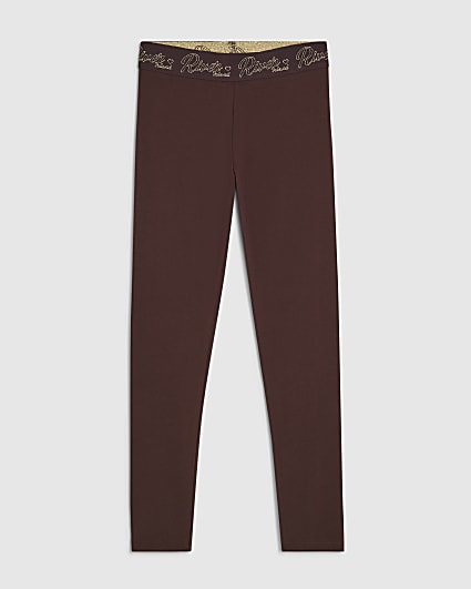 Girls Brown Script Waistband Leggings