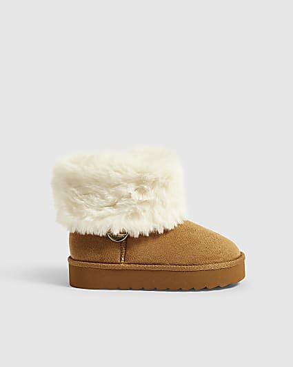 Girls Brown Faux Suede Fur Cuff Snug Boots