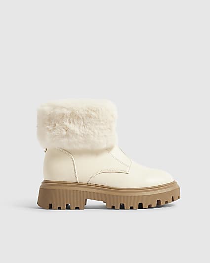 Girls Cream Faux Fur Trim Zip Up Boots