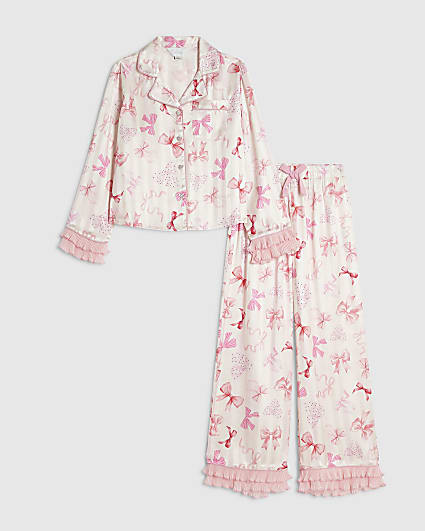 Girls Pink Satin Bow Plisse Cuff Pyjamas Set