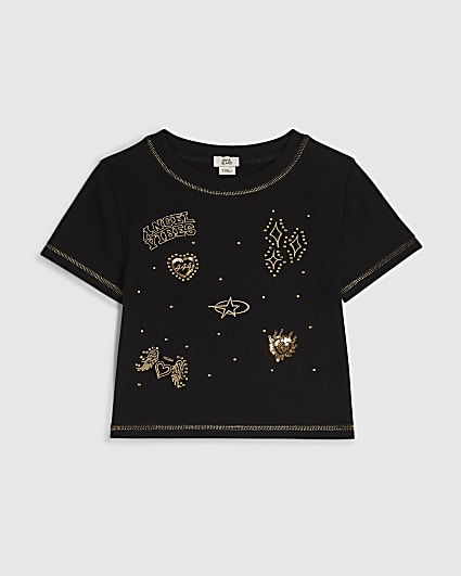 Girls Black Sequin Angel Embroidered T-Shirt