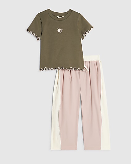 Mini Girls Khaki Ribbed T-Shirt Tracksuit Set