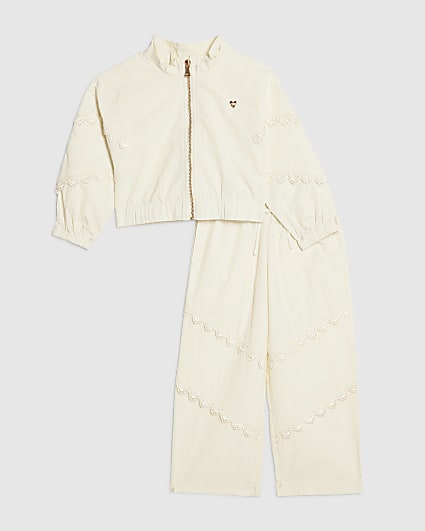 Mini Girls Cream Lace Bomber Tracksuit Set