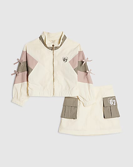 Mini Girls Cream Colour Block Nylon Skirt Set