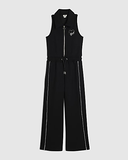 Girls Black Premium Diamante Heart Jumpsuit