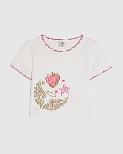 Girls White Sequin Embroidered Wings T-Shirt