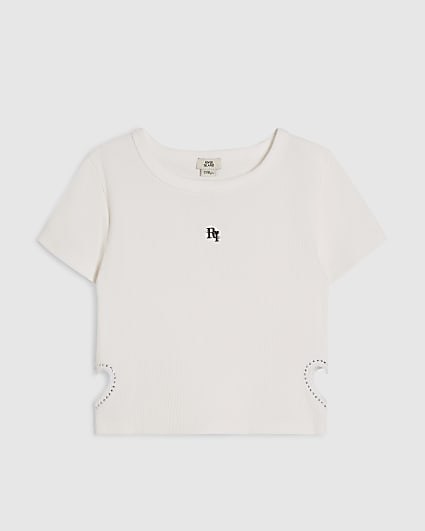 Girls White Heart Cut Out T-Shirt