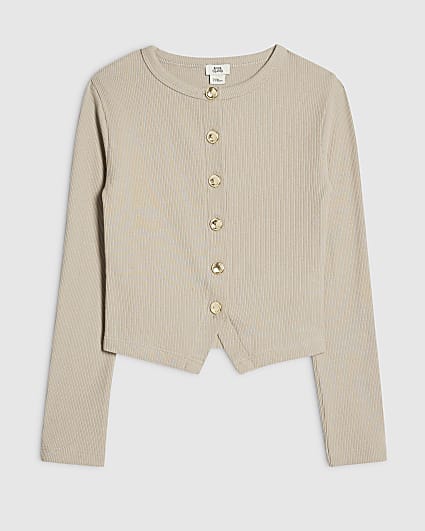 Girls Beige Long Sleeve Button Up Top