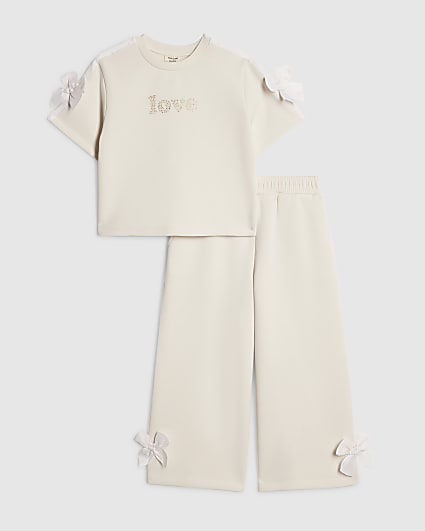 Mini Girls Cream Premium Love Bow T-Shirt Set