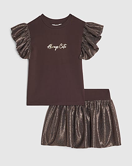Mini Girls Brown Plisse Skirt Set