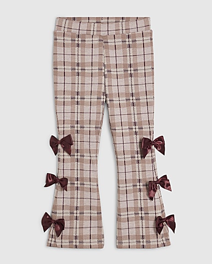 Mini Girls Brown Check Bow Flared Leggings