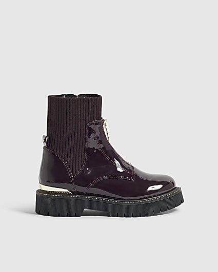 Girls Burgundy Ribbed Cuff Zip Front Boots