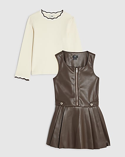 Mini Girls Brown Faux Leather Pinafore Dress
