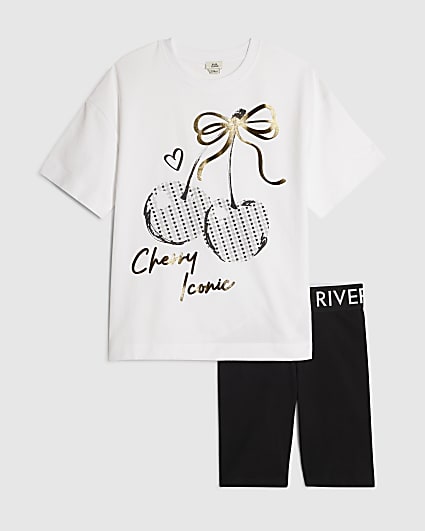 Girls White Cherry T-Shirt Cycle Shorts Set
