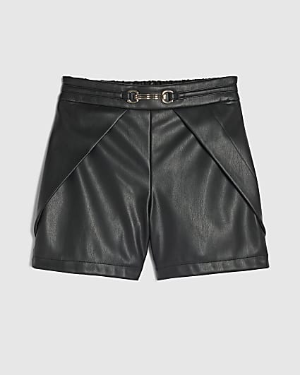 Girls Black Faux Leather Tulip Pleated Shorts